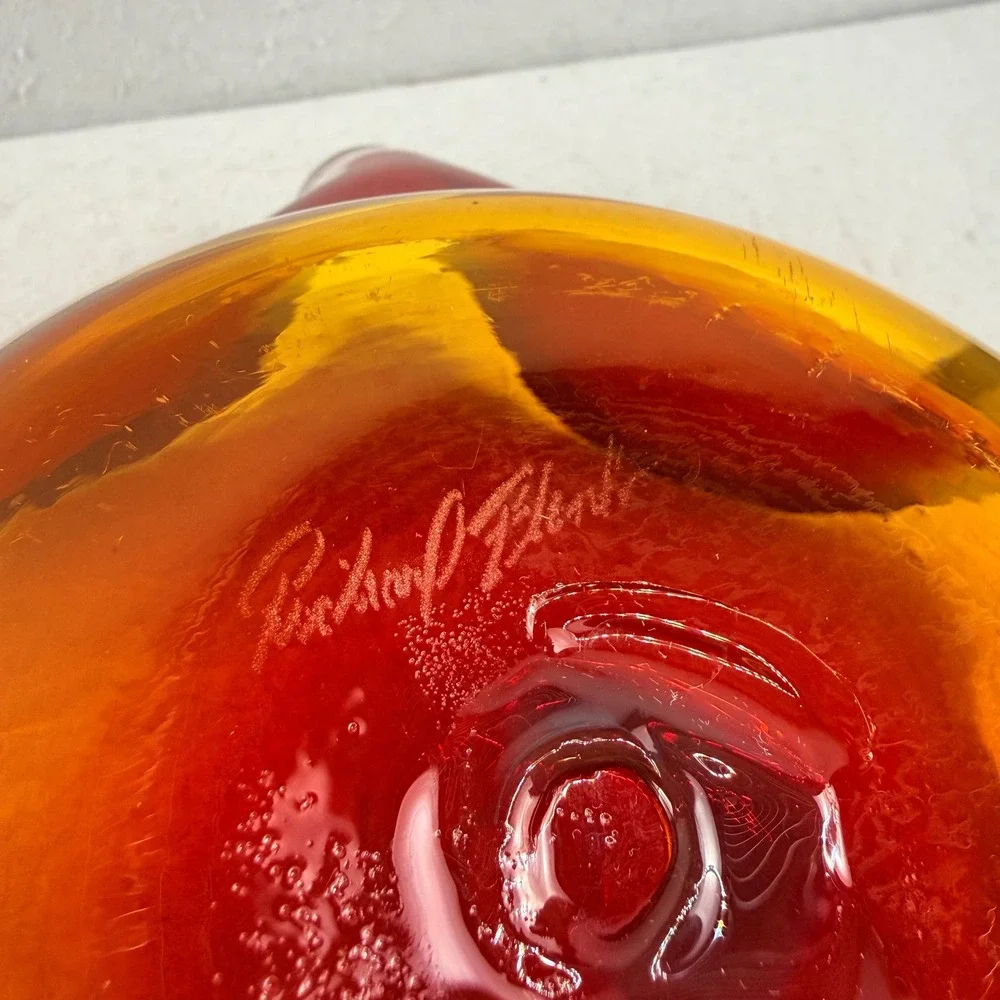 Blenko Tangerine Glass Ruffled Bowl Signed Richard Blenko Retro‎ 2002 MCM